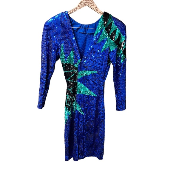 Vintage Long Sleeve Sequin Sunburst Mini Dress P Bodycon Blue Green - Picture 2 of 15